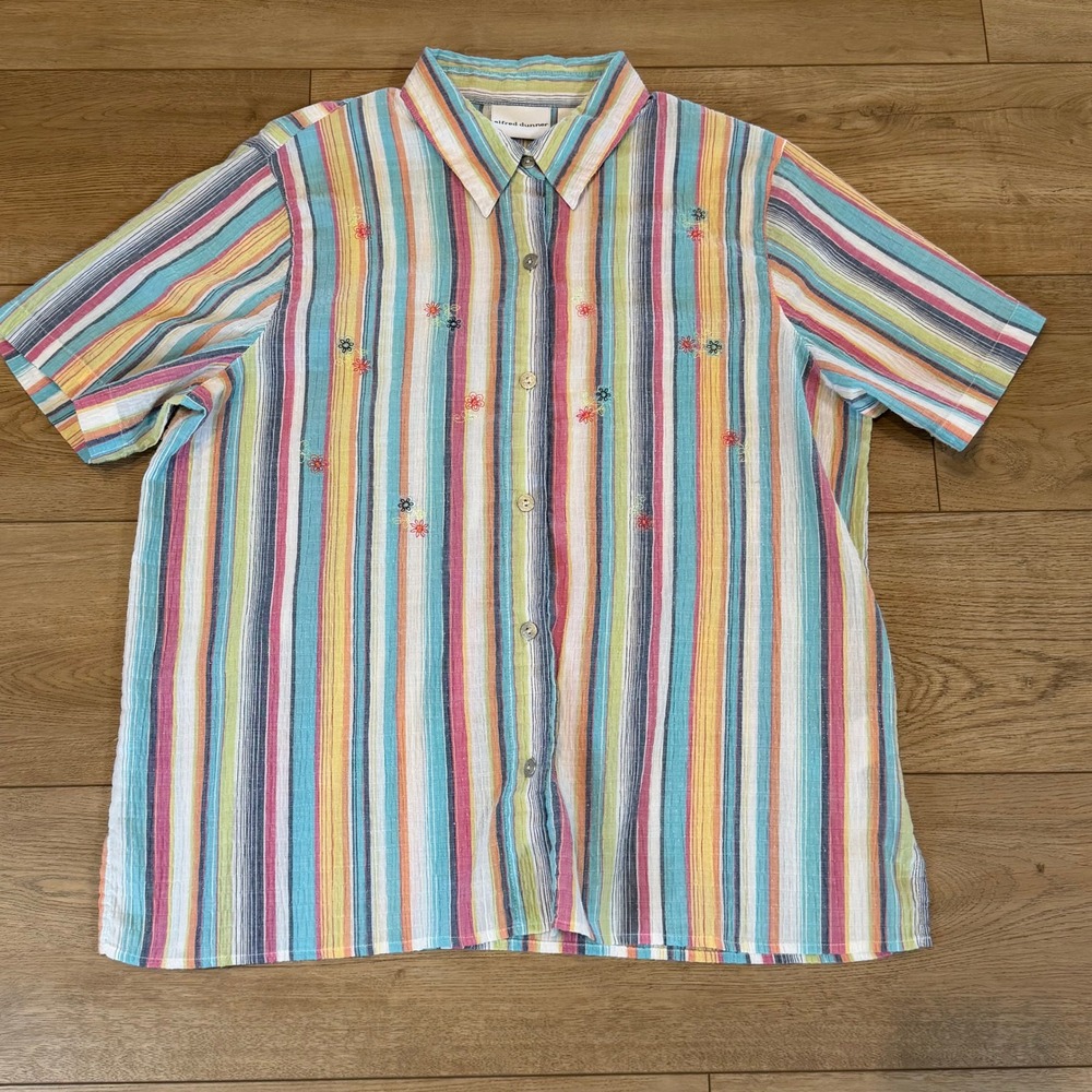 Vtg 80s 90s Alfred Dunner Womens Striped Floral Embroidered Button Down Shirt 14